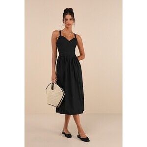 Lulus Strolling Sicily Black Pleated Backless Midi Dress With Pockets - Size M